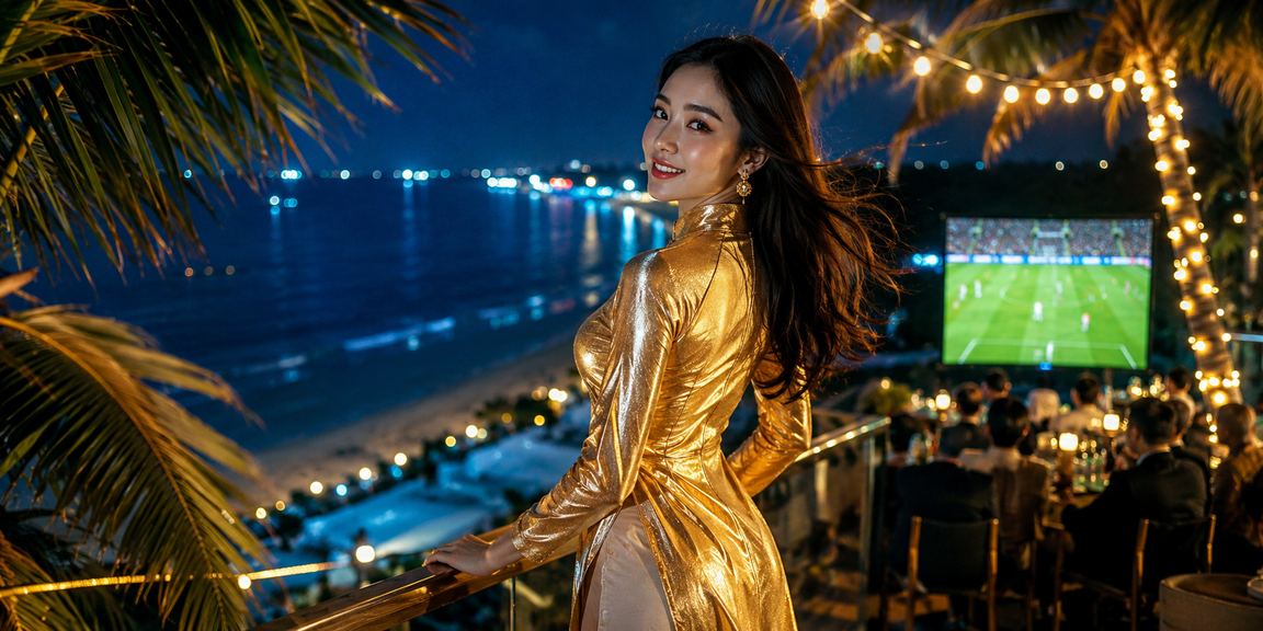 Người dùng đặt cược bóng đá trực tuyến tại bãi biển Phú Quốc trong trang phục áo dài